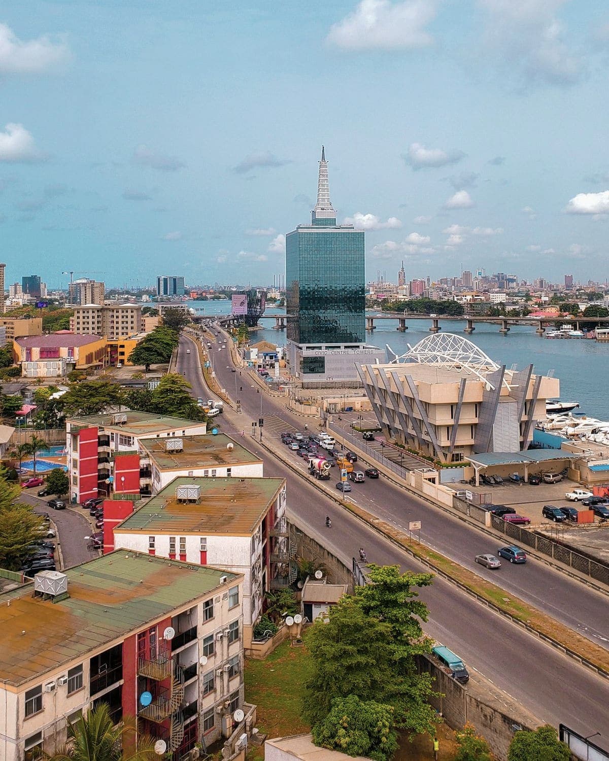 Lagos Island skyline with the Civic Centre tower beside the lagoon